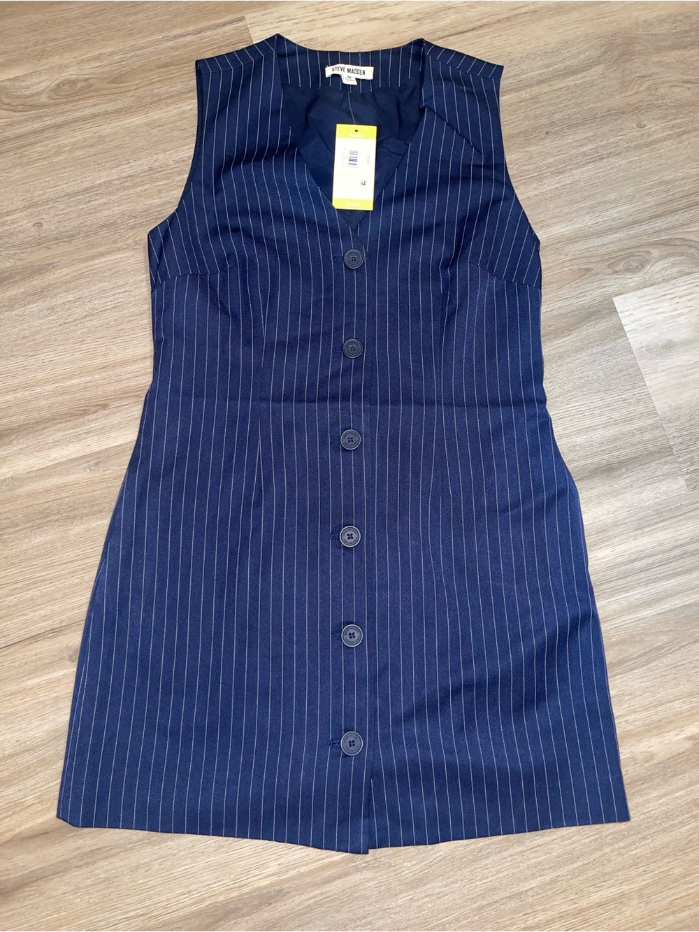 Steve Madden Navy Pinstripe Button-Front Mini Dress - Picture 1 of 6